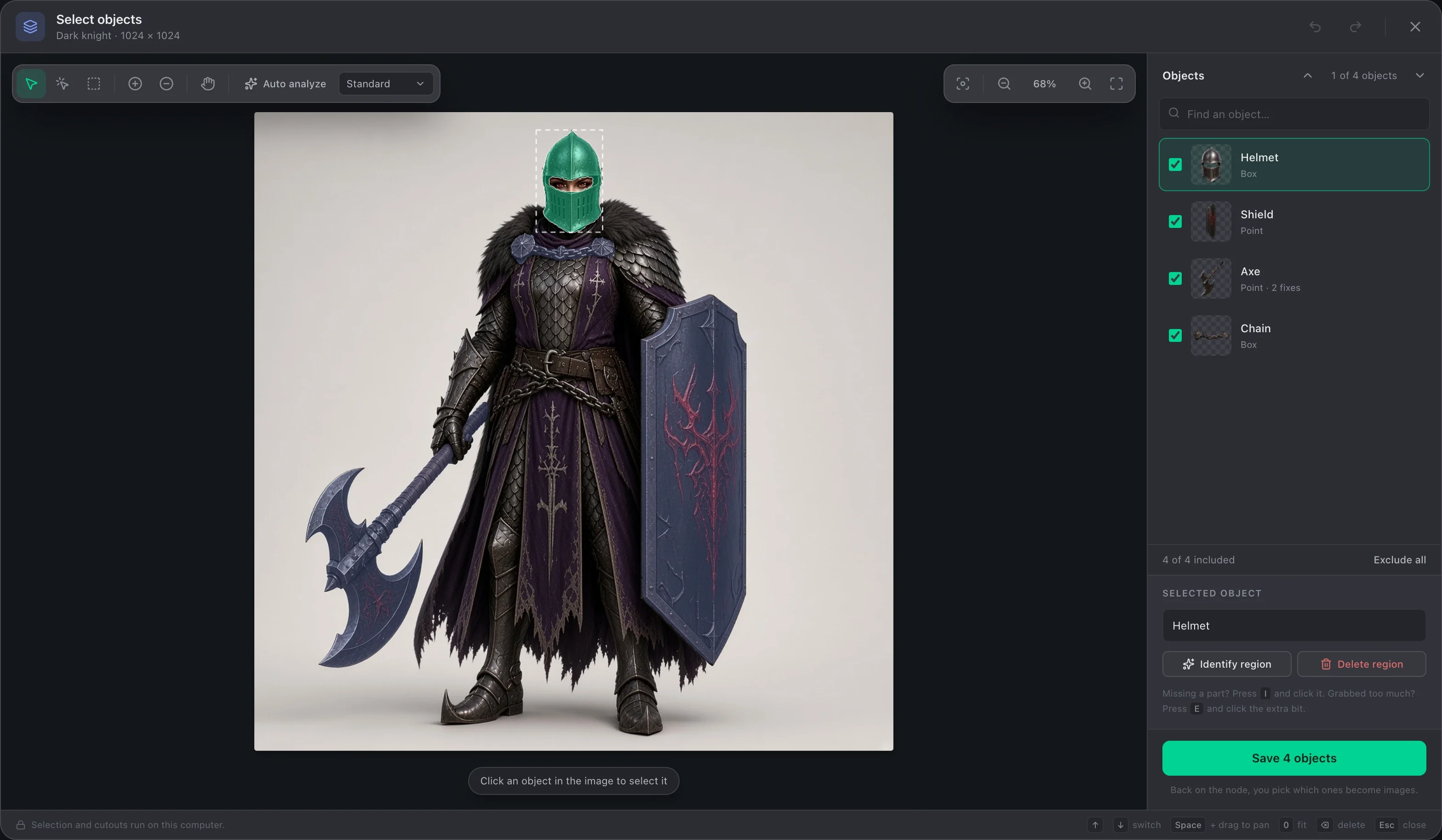 The Select objects editor open on a dark knight. The helmet is highlighted in green, and a list beside the image names four saved objects: Helmet, Shield, Axe and Chain.
