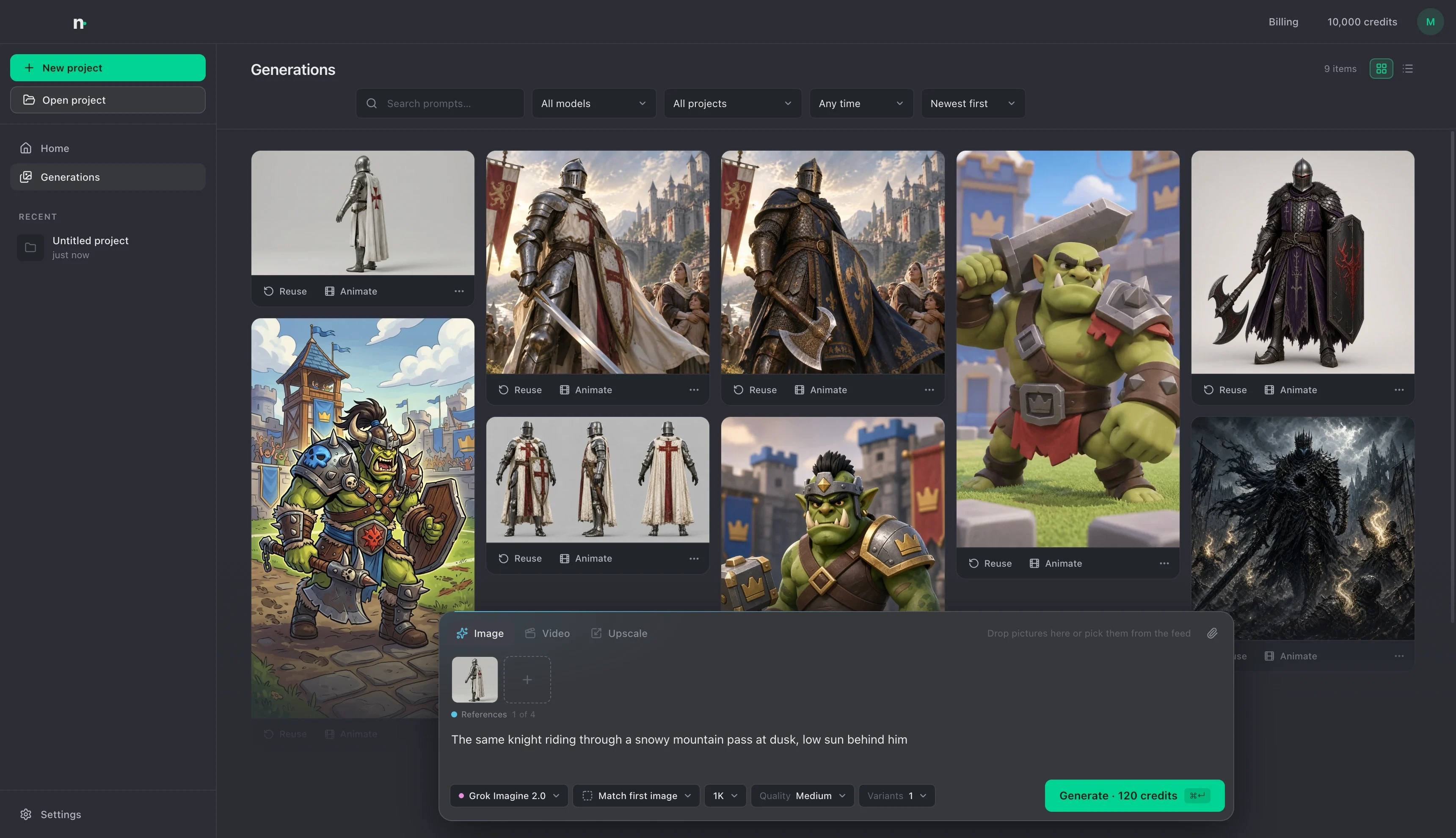 The Generations view with nine results in a grid: knights, orcs and a turnaround sheet. At the bottom, the Generate bar is set to Image, with a picture of a knight as its reference, a prompt about riding through a snowy mountain pass at dusk, and a button that reads Generate · 120 credits.