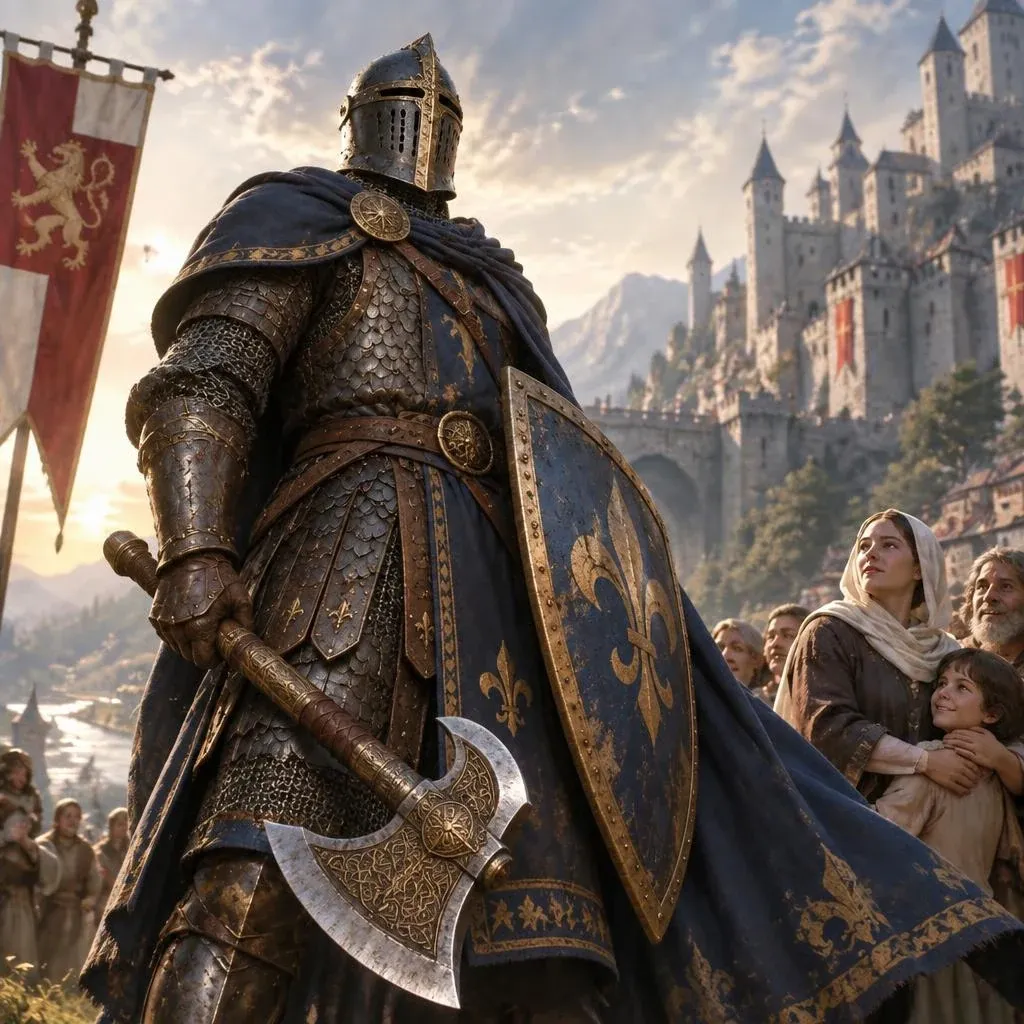 The same knight in the same scene, redesigned with dark armor, a blue cloak and an axe
