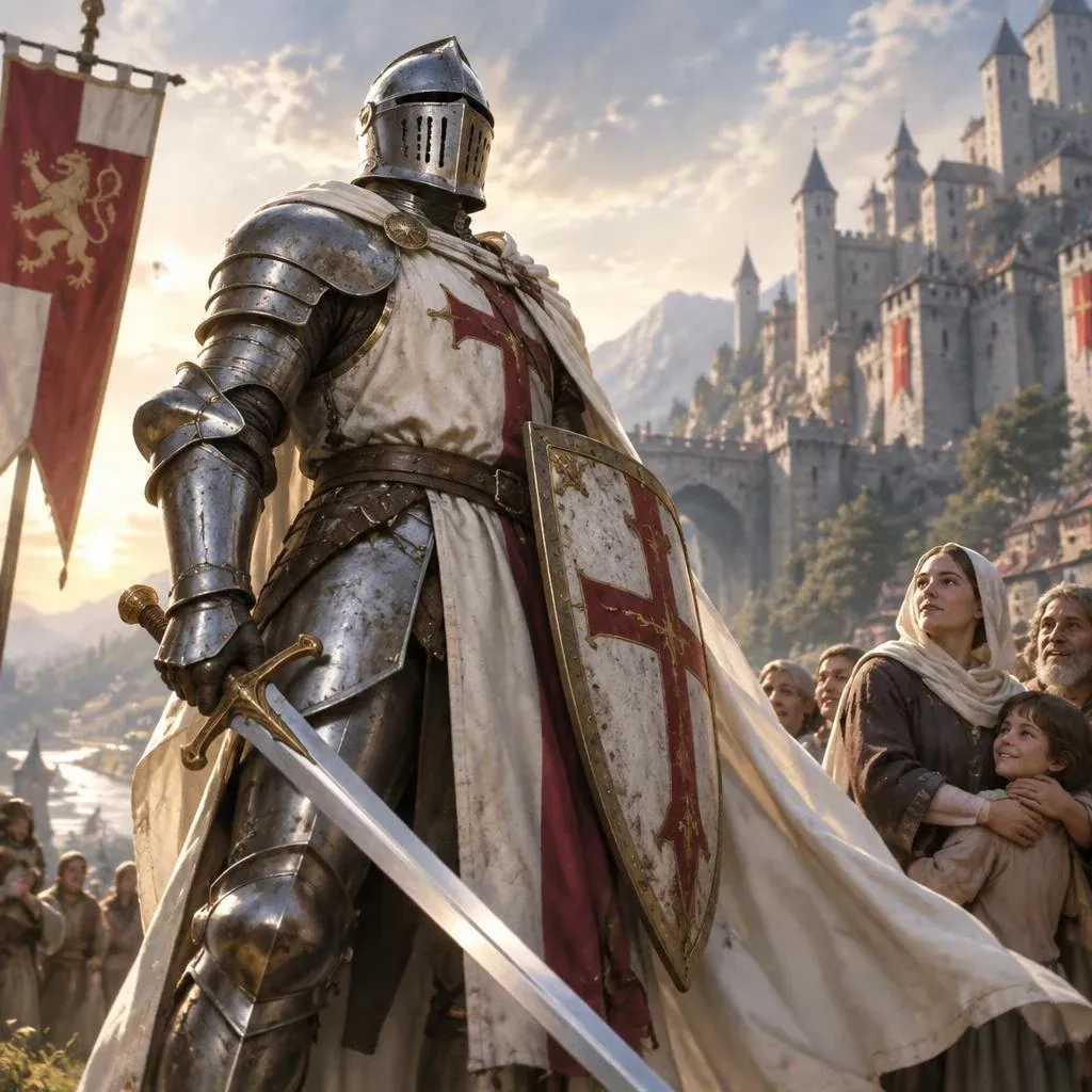 A Templar knight in white and red in front of a castle