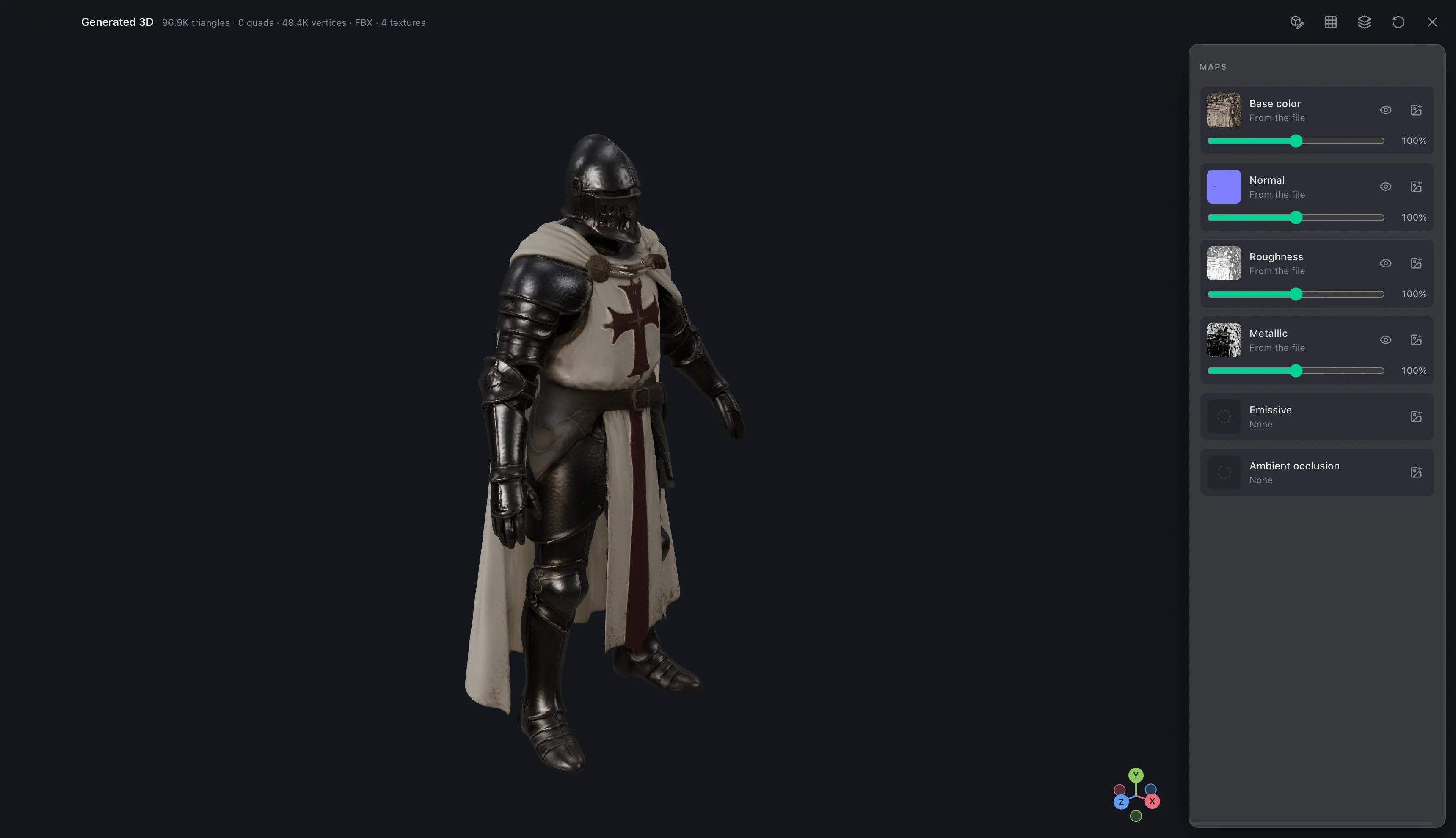 The 3D viewer showing the knight as a textured model, with its triangle count and a panel of maps: base color, normal, roughness and metallic.