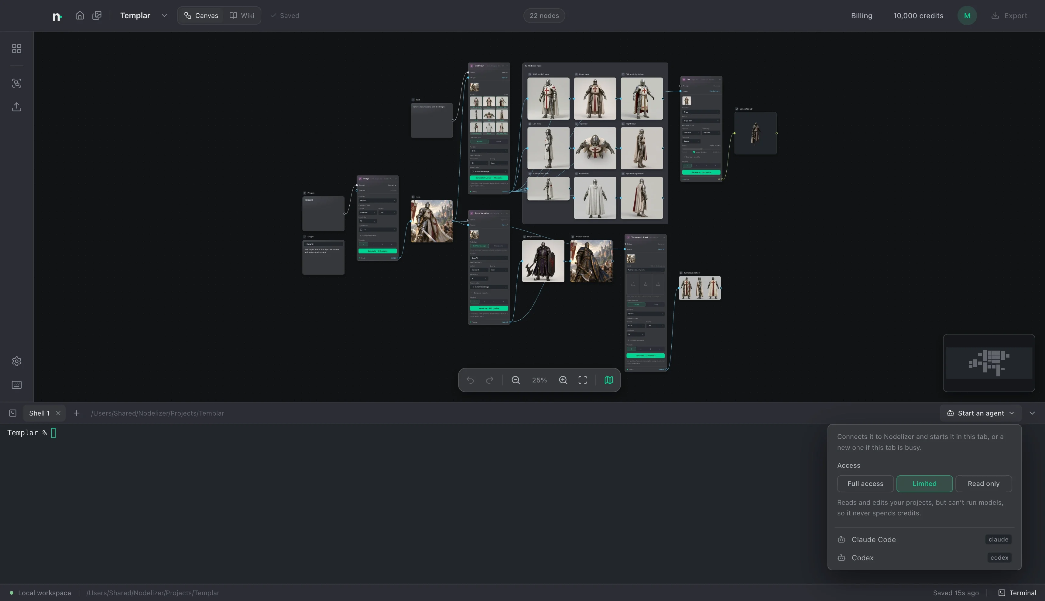 The app with a terminal docked under the canvas. A menu titled Start an agent offers three levels of access, Full access, Limited and Read only, and two agents to start: Claude Code and Codex.