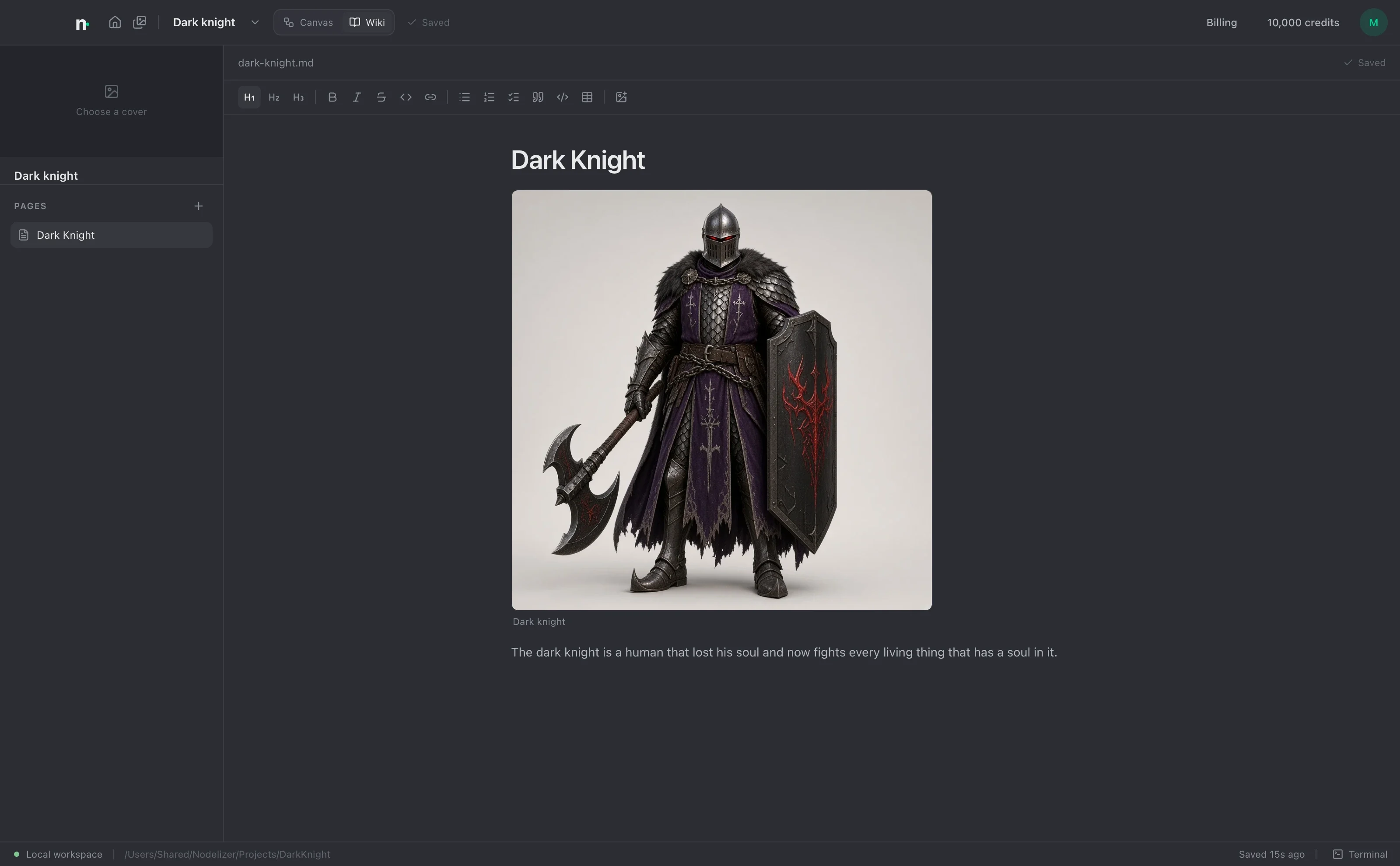 The Wiki view of a project, showing a page called Dark Knight with a picture of the character and a line about who it is.